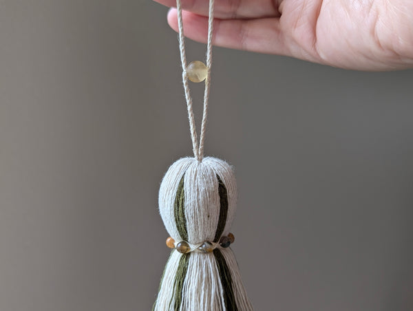 Green and Natural Cotton Tassel with Jasper Stones