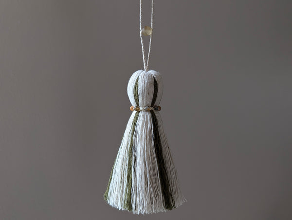 Green and Natural Cotton Tassel with Jasper Stones