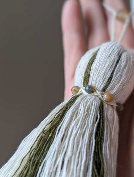 Green and Natural Cotton Tassel with Jasper Stones