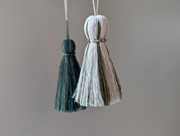 Green and Natural Cotton Tassel with Jasper Stones