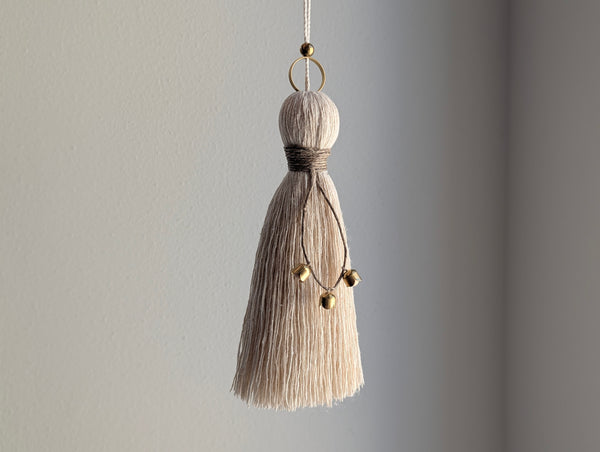 Handmade Cotton Tassel Door Knob Hanger with Brass and Wooden Accents #172