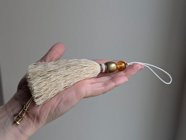 Handmade Small Cotton Tassel with Amber Glass Bead and #166 Gold