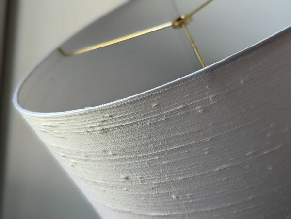 drum lampshade in white silk with brass hardware