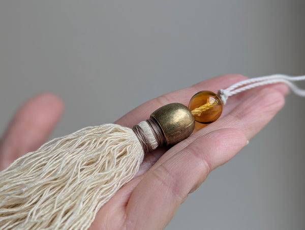 Handmade Small Cotton Tassel with Amber Glass Bead and #166 Gold