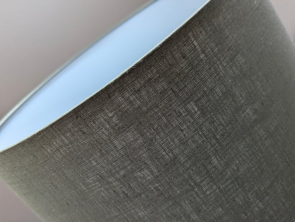 Close-up of an olive green lampshade with a linen textured fabric exterior and a white inner lining against a neutral background