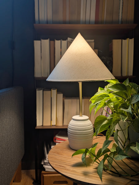 cone shaped lamp shade lit on a white ceramic table lamp in a dark living room with a bookcase in the background and a plant on the side table