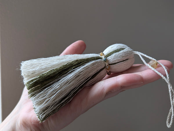 Green and Natural Cotton Tassel with Jasper Stones