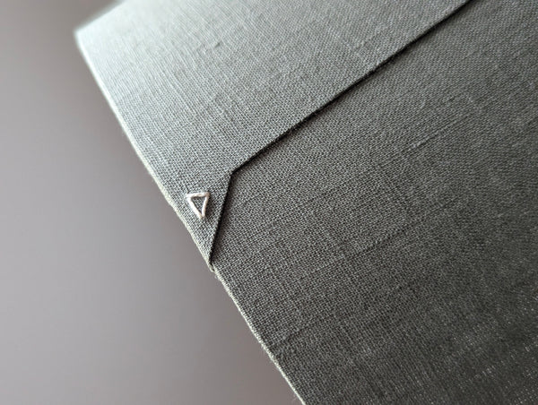 Close-up of an olive green lampshade with a linen textured fabric exterior and a white inner lining against a neutral background