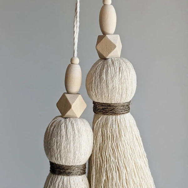 large double tassel with wooden beads and tan twine for hanging on door knobs or cabinet knobs
