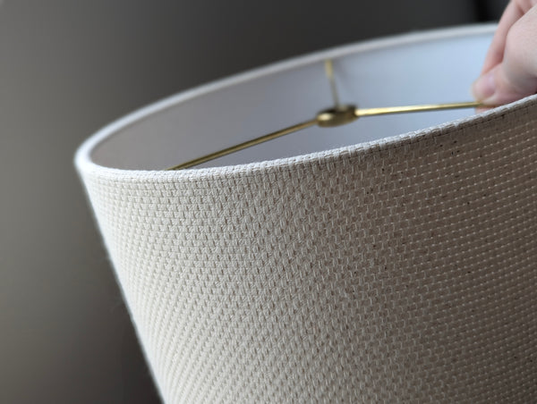 cream lamp shade in drum shape with natural crosshatch fabric 