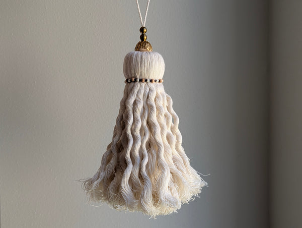 Handmade Large Cotton Door Tassel with Wavy Fringe and Brass Beads #180
