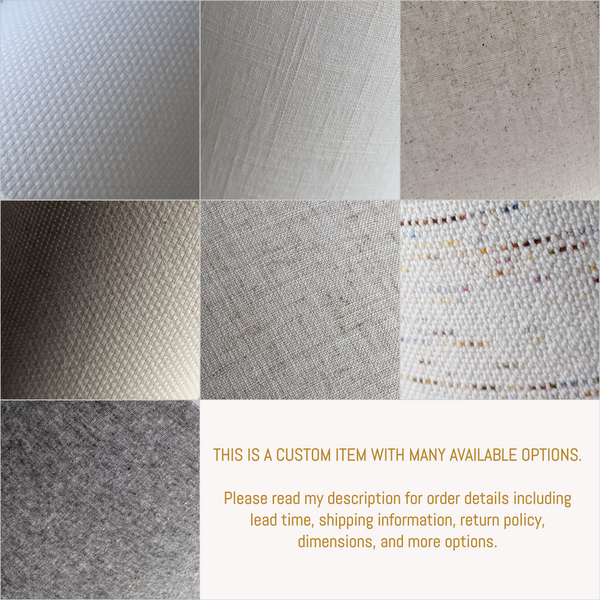 fabric sample block that says, 'THIS IS A CUSTOM ITEM WITH MANY AVAILABLE OPTIONS. Please read my description for order details including lead time, shipping information, return policy, dimensions, and more options.'