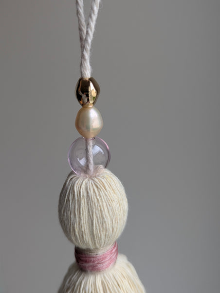 Handmade Small Cotton Tassel with Pink Glass Bead and Freshwater Pearl #193