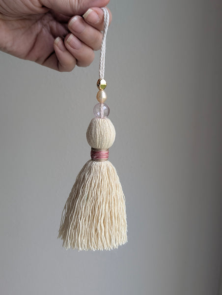 Handmade Small Cotton Tassel with Pink Glass Bead and Freshwater Pearl #193