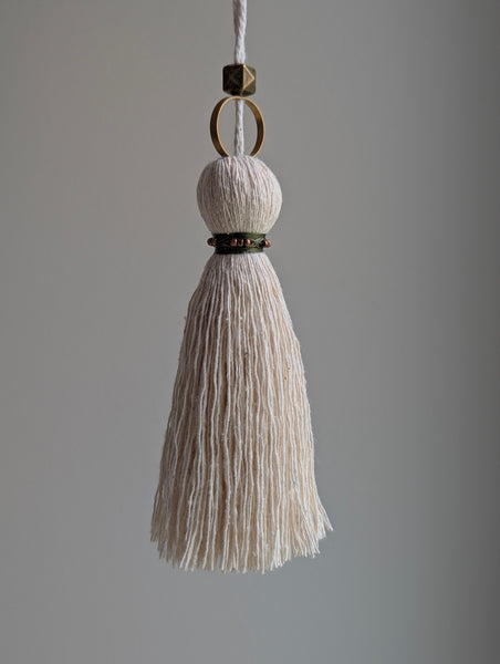 Handmade Small Cotton Tassel: Door Knob Hanger with Brass and Green Accents #186