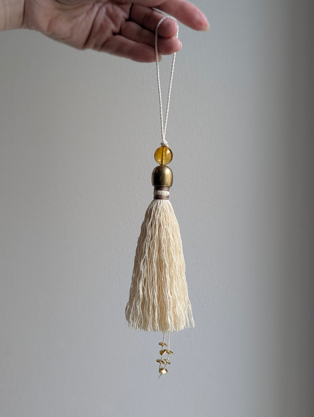 Handmade Small Cotton Tassel with Amber Glass Bead and #166 Gold