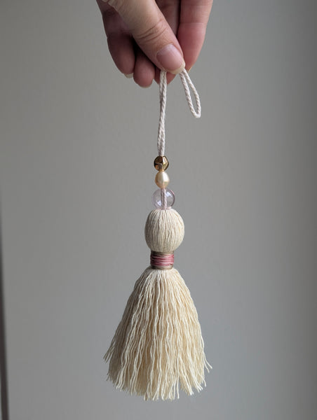 Handmade Small Cotton Tassel with Pink Glass Bead and Freshwater Pearl #193