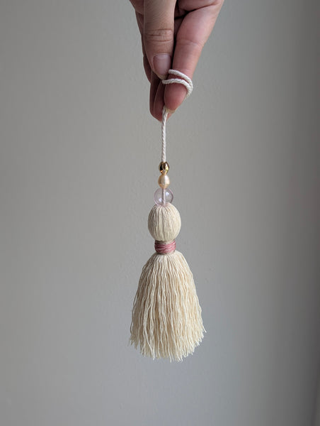 Handmade Small Cotton Tassel with Pink Glass Bead and Freshwater Pearl #193