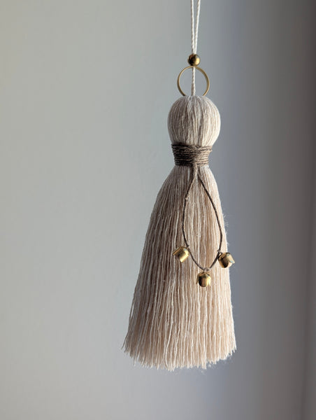 Handmade Cotton Tassel Door Knob Hanger with Brass and Wooden Accents #172