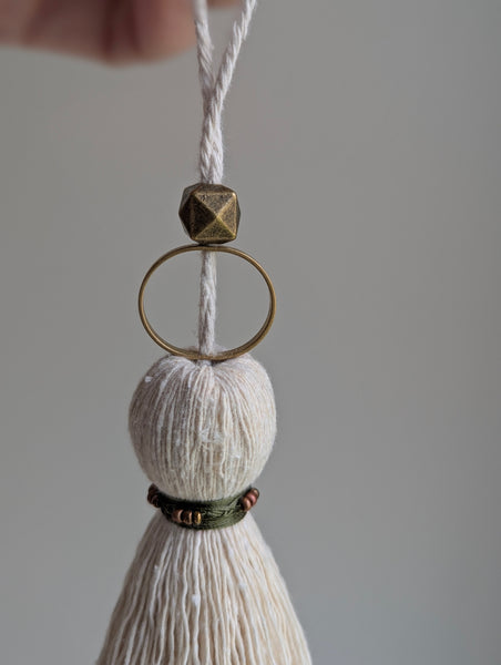 Handmade Small Cotton Tassel: Door Knob Hanger with Brass and Green Accents #186