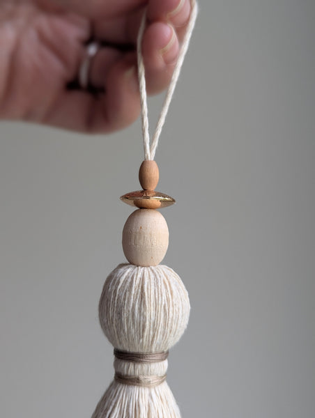 Handmade Small Cotton Tassel with Copper and Wood Accents #194