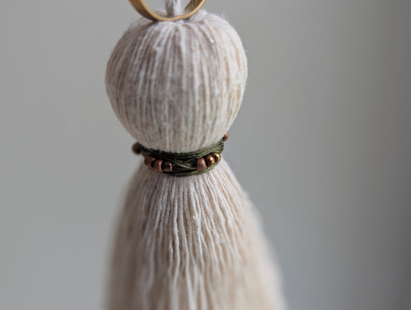 Handmade Small Cotton Tassel: Door Knob Hanger with Brass and Green Accents #186