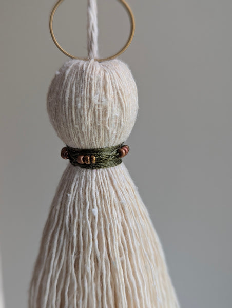 Handmade Small Cotton Tassel: Door Knob Hanger with Brass and Green Accents #186