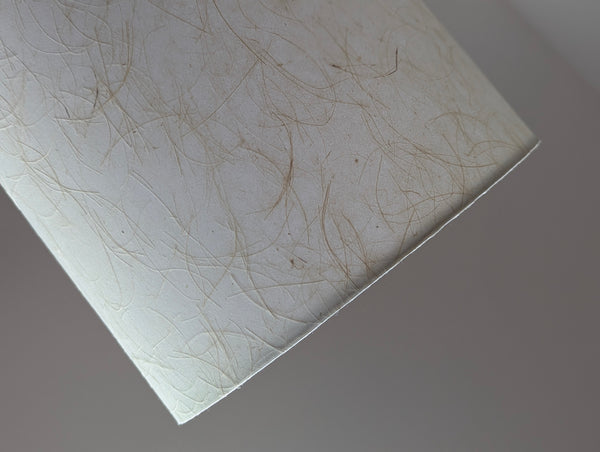 close up of a mulberry paper textured lamp shade in natural color near a sunny window