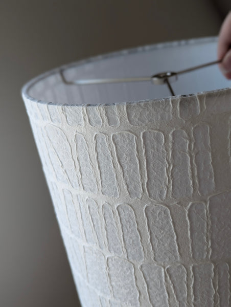 white textured paper lamp shade with geometric pattern 