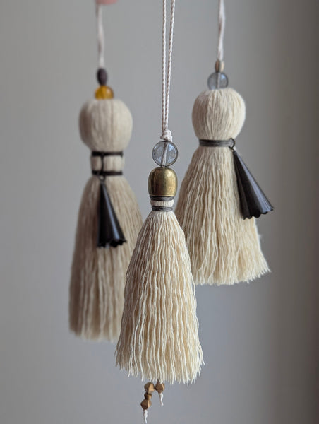 Handmade Small Cotton Tassel with Gray Glass Bead and #166