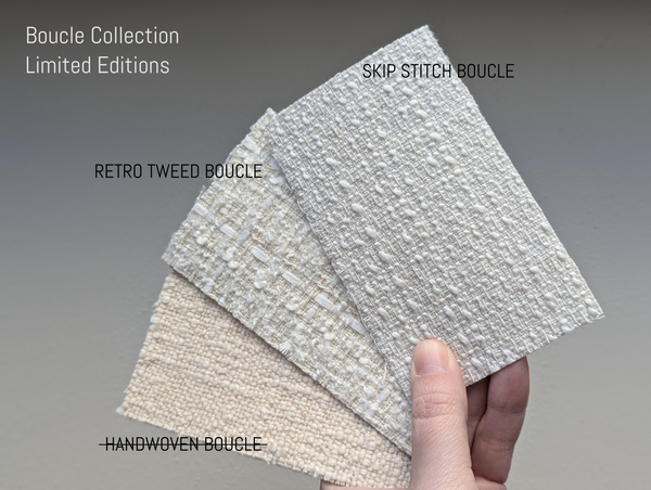 Three lamp shade fabric swatches labeled 'Skip Stitch Boucle', 'Retro Tweed Boucle', and 'Handwoven Boucle' held by a hand against a gray background.