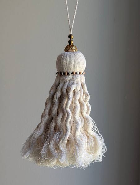 Handmade Large Cotton Door Tassel with Wavy Fringe and Brass Beads #180