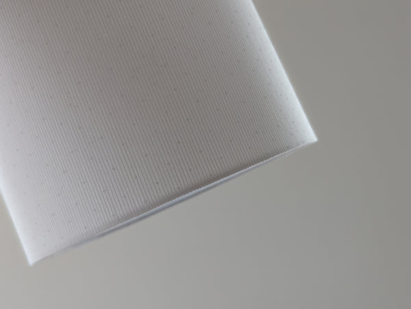close up of striped and polka dotted lamp shade in white-on-white pattern
