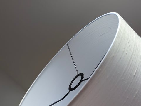 Close-up of a white textured lampshade with euro fitter hardware, set against a neutral gray background.