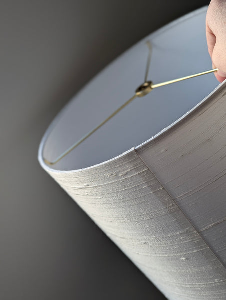 drum lampshade in white silk with brass hardware