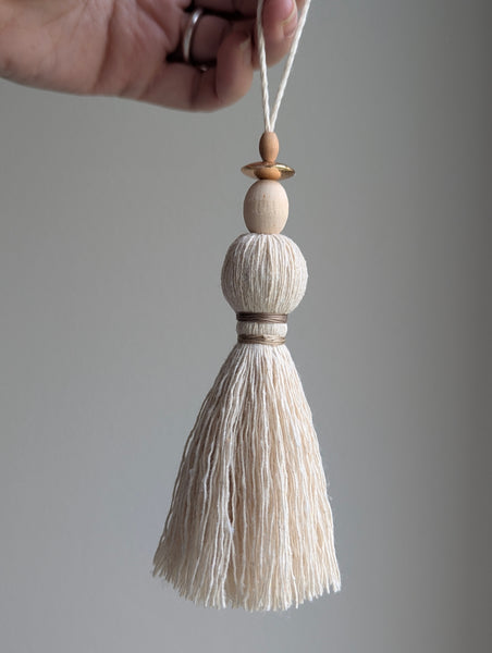 Handmade Small Cotton Tassel with Copper and Wood Accents #194
