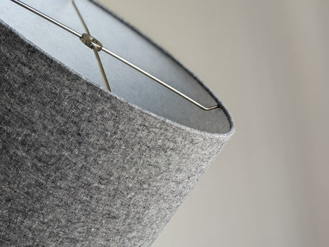 zoomed in photo of the nickel spider ring hardware on the top of this black and white lamp shade