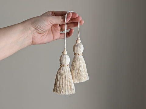 Natural Cotton Double Tassel with Wood Beads